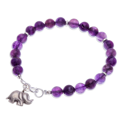 Amethyst beaded charm bracelet, 'Wise Grace' - Handmade Amethyst Beaded Bracelet with Elephant Charm
