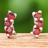 Garnet stud earrings, 'Crimson Reign' - Polished Sterling Silver Stud Earrings with Garnet Gems