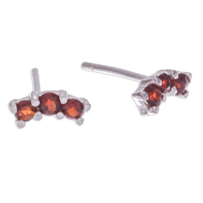 Garnet stud earrings, 'Crimson Reign' - Polished Sterling Silver Stud Earrings with Garnet Gems