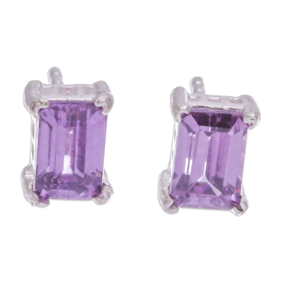 Amethyst stud earrings, 'Purple Baroness' - High-Polished Baguette-Shaped Amethyst Stud Earrings