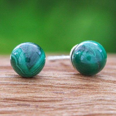 Malachite stud earrings, 'Voyage Dimension' - Malachite Stud Earrings with Sterling Silver Posts
