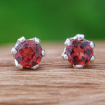 Garnet stud earrings, 'Perseverance Blooms' - Faceted Red Garnet Sterling Silver Stud Earrings