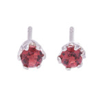 Garnet stud earrings, 'Perseverance Blooms' - Faceted Red Garnet Sterling Silver Stud Earrings