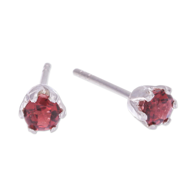 Garnet stud earrings, 'Perseverance Blooms' - Faceted Red Garnet Sterling Silver Stud Earrings