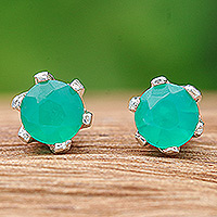 Chalcedony stud earrings, 'Royalty Blooms' - Faceted Green Chalcedony Sterling Silver Stud Earrings