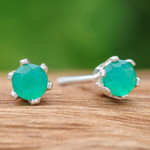 Chalcedony stud earrings, 'Royalty Blooms' - Faceted Green Chalcedony Sterling Silver Stud Earrings
