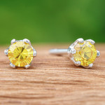 Citrine stud earrings, 'Joy Blooms' - Faceted Yellow Citrine Sterling Silver Stud Earrings
