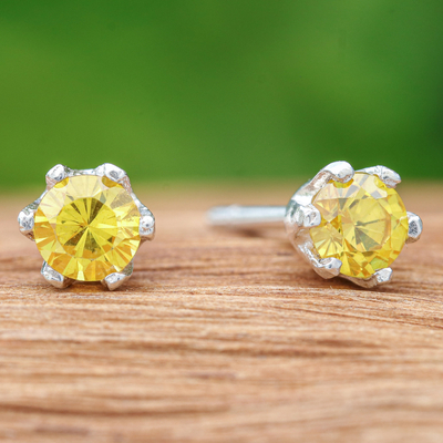 Citrine stud earrings, 'Joy Blooms' - Faceted Yellow Citrine Sterling Silver Stud Earrings
