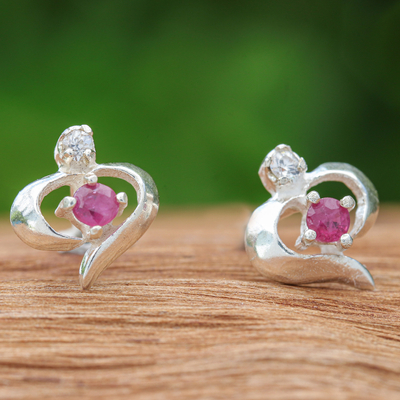 Ruby and cubic zirconia stud earrings, 'The Romance Nimbus' - High-Polished Ruby and Cubic Zirconia Stud Earrings