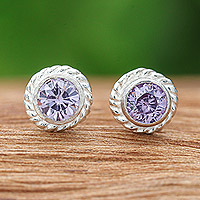 Amethyst stud earrings, 'Wise Elements' - Sterling Silver Stud Earrings with Round Amethyst Gems