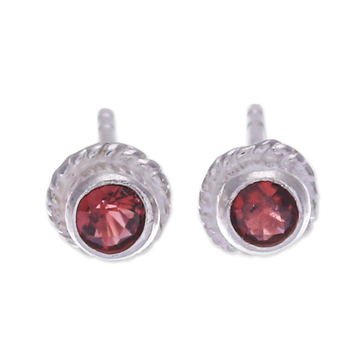 Garnet stud earrings, 'Passionate Elements' - Sterling Silver Stud Earrings with Round Garnet Gems