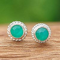 Chalcedony stud earrings, 'Balance Elements' - Sterling Silver Stud Earrings with Round Chalcedony Gems