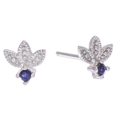 Sapphire stud earrings, 'Prophet's Crown' - Floral Sterling Silver Stud Earrings with Sapphire Jewels