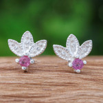 Ruby stud earrings, 'Lover's Crown' - Floral Sterling Silver Stud Earrings with Ruby Jewels