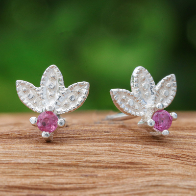 Ruby stud earrings, 'Lover's Crown' - Floral Sterling Silver Stud Earrings with Ruby Jewels