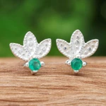 Chalcedony stud earrings, 'Monarch's Crown' - Floral Sterling Silver Stud Earrings with Chalcedony Jewels