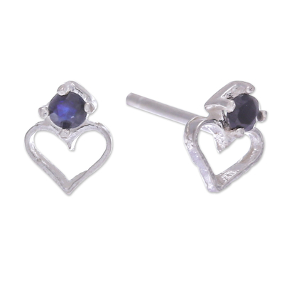 Sapphire stud earrings, 'Heart of Omens' - Heart-Shaped Faceted Sapphire Stud Earrings from Thailand
