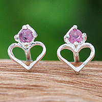 Ruby stud earrings, 'Heart of Passions' - Heart-Shaped Faceted Ruby Stud Earrings from Thailand