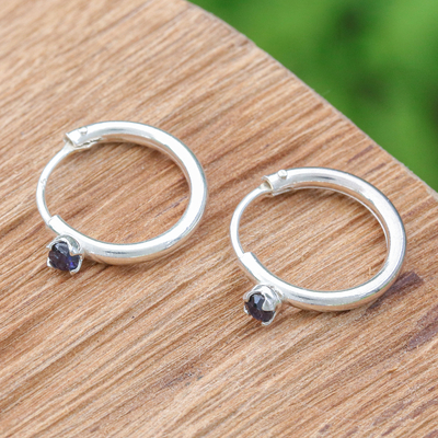 Sapphire hoop earrings, 'The Eternal Prophecy' - Polished Sterling Silver Hoop Earrings with Sapphire Gems