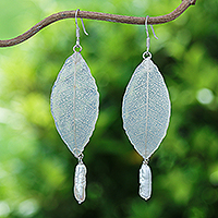 Cultured pearl and natural leaf dangle earrings, 'White Nature' - Cultured Pearl and Natural Leaf Dangle Earrings in White