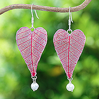 Cultured pearl and natural leaf dangle earrings, 'Red Heart of Nature' - Cultured Pearl and Natural Leaf Dangle Earrings in Red