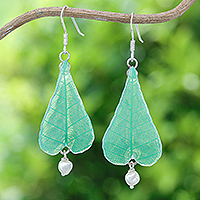 Cultured pearl and natural leaf dangle earrings, 'Green Heart of Nature' - Cultured Pearl and Natural Leaf Dangle Earrings in Green