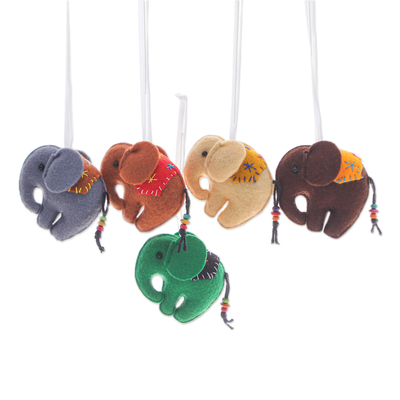 Felt ornaments, 'Colorful Trunks' (set of 5) - Set of Five Colorful Elephant Felt Ornaments with Wood Beads
