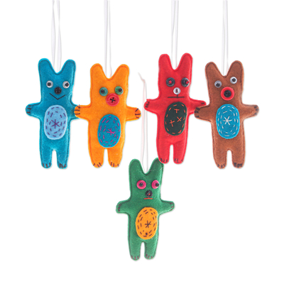 Felt ornaments, 'Bear Imagination' (set of 5) - Set of 5 Handcrafted Bear Felt Ornaments in Colorful Hues