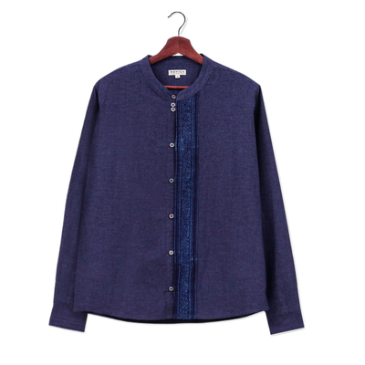 Camisa de algodón para hombre - Camisa estilo mandarina de algodón azul marino con detalles textiles Hmong