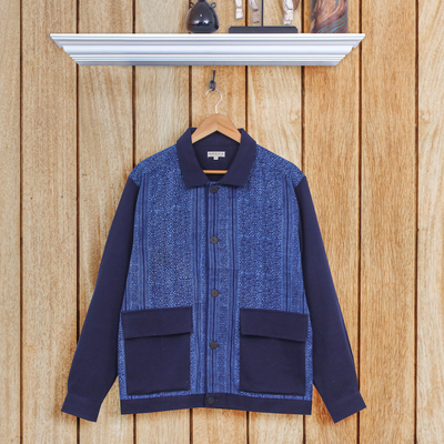 Men's cotton jacket, 'Blue Explorer' - Men's Hmong Motif Blue Button-Up Cotton Jacket