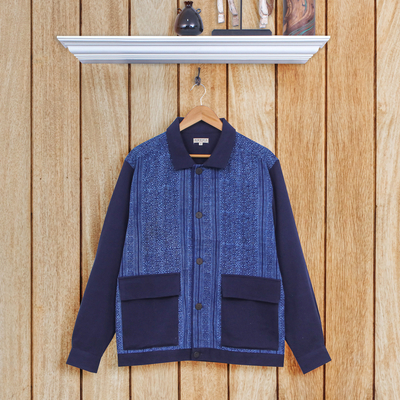 Men's cotton jacket, 'Blue Explorer' - Men's Hmong Motif Blue Button-Up Cotton Jacket