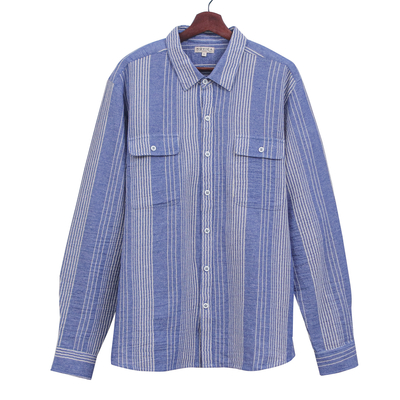 Camisa de algodón para hombre - Camisa de hombre con cuello de algodón a rayas azules y blancas