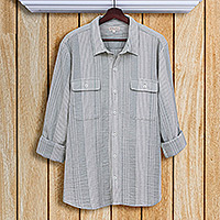 Men's cotton shirt, 'Soft Green' - Men's Striped Soft Green and White Cotton Collared Shirt