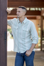 Men's cotton shirt, 'Stylish Staple in Fern' - Men's Striped Soft Green and White Cotton Collared Shirt