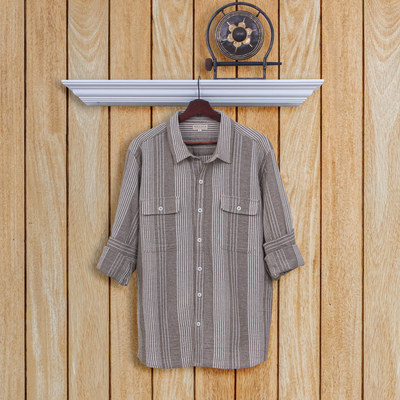 Camisa de algodón para hombre - Camisa de hombre con cuello de algodón a rayas marrón algarroba y blanco