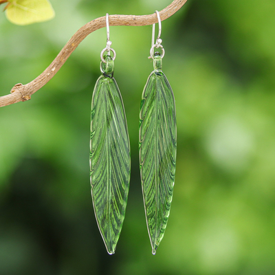 Handblown glass dangle earrings, Bamboo Leaf