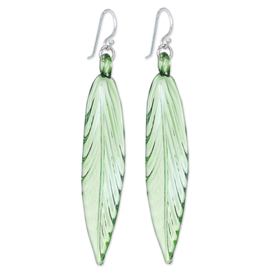 Handblown glass dangle earrings, 'Bamboo Leaf' - Handblown Leaf-Shaped Green Glass Dangle Earrings