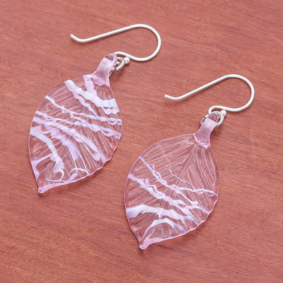 Handblown glass dangle earrings, 'Tender Foliage' - Handblown Leafy Pink and White Glass Dangle Earrings