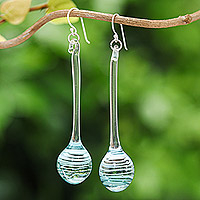Handblown glass dangle earrings, 'Celestial Pendulum' - Handblown Abstract Blue and White Glass Dangle Earrings