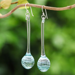 Handblown glass dangle earrings, 'Celestial Pendulum' - Handblown Abstract Blue and White Glass Dangle Earrings