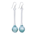 Handblown glass dangle earrings, 'Celestial Pendulum' - Handblown Abstract Blue and White Glass Dangle Earrings
