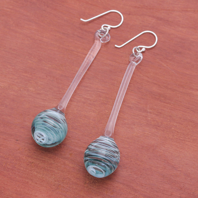 Handblown glass dangle earrings, 'Celestial Pendulum' - Handblown Abstract Blue and White Glass Dangle Earrings