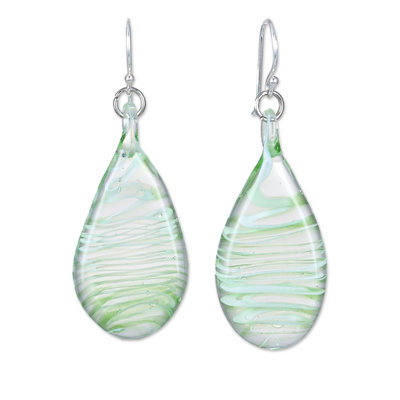 Handblown glass dangle earrings, 'Green Ovate Leaf' - Handblown Glass Dangle Earrings with Green & White Spirals