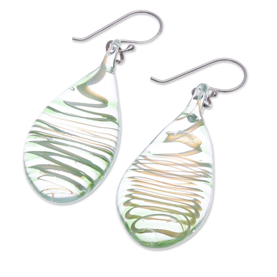 Handblown glass dangle earrings, 'Green Ovate Leaf' - Handblown Glass Dangle Earrings with Green & White Spirals