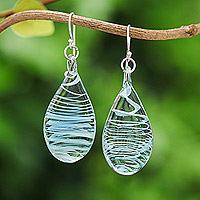 Handblown glass dangle earrings, 'Blue Ovate Leaf' - Handblown Glass Dangle Earrings with Blue & White Spirals