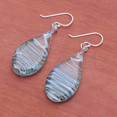 Handblown glass dangle earrings, 'Blue Ovate Leaf' - Handblown Glass Dangle Earrings with Blue & White Spirals