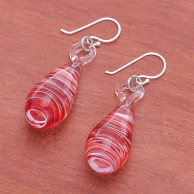 Handblown glass dangle earrings, 'Dew Drop' - Handblown Glass Dangle Earrings with Red and White Spirals