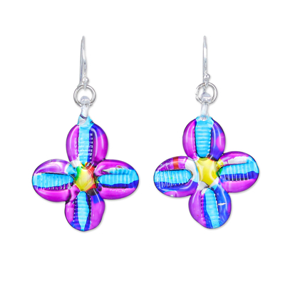 Handblown glass dangle earrings, 'Delicate Blossoms' - Handblown Glass Floral Dangle Earrings with Silver Hooks