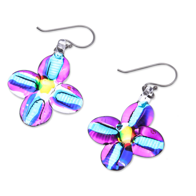 Handblown glass dangle earrings, 'Delicate Blossoms' - Handblown Glass Floral Dangle Earrings with Silver Hooks