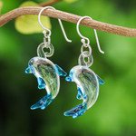Handblown glass dangle earrings, 'Dolphin Glam' - Handblown Glass Dolphin Dangle Earrings from Thailand